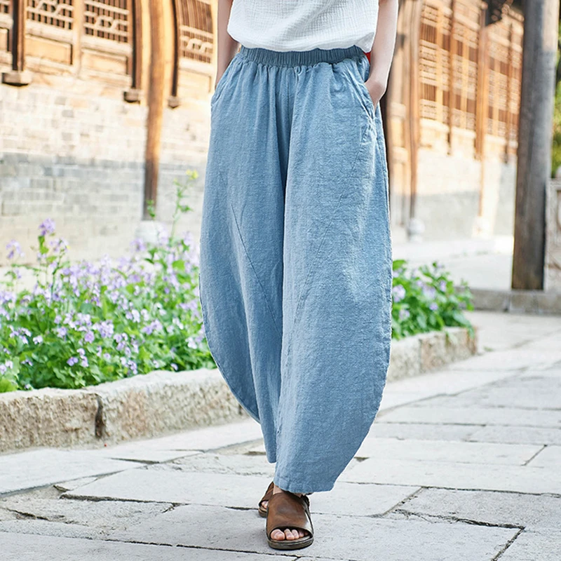 

Johnature Casual Style Cotton Linen Trouser Solid Color Women Pants 2019 Spring Summer Ramie Elastic Waist Women Vintage Pants