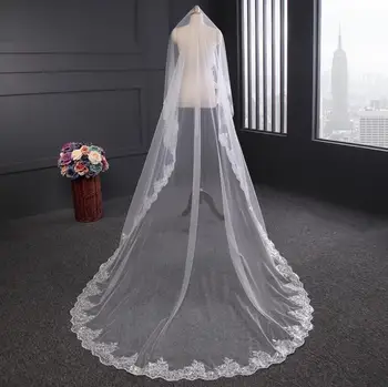 

Real Photos One Layer 3 Meters Long Lace Sequins Wedding Veil 3 M Voile De Mariee Bridal Veil Veu De Noiva
