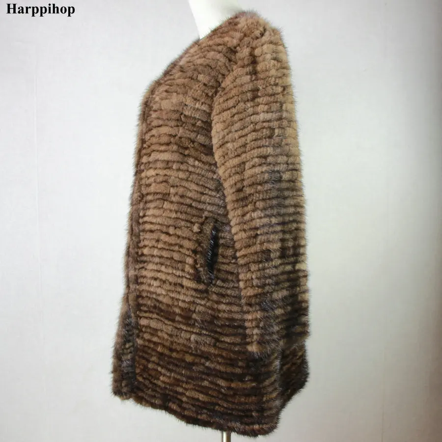 Настоящая вязаная норковая Меховая куртка для женщин, модная шуба из натурального меха норки в полоску, новинка, длинная приталенная шуба из натурального меха, размер
