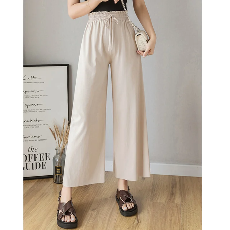 

Women Summer Thin Knit Trousers Black Wide Leg Loose Pants Ankle Length Pants Casual trouser Elastic Waist Plus Size Pants 603