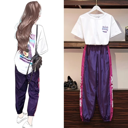 

Casual Xxxxl Plus Size Women BF style 2 Piece Set Women Pullover O-neck tops Elastic Waist Ankle-length Pants fashion Clothes