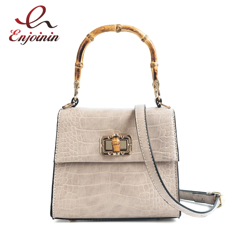 

New Fashion Stone Bamboo Handle Ladies Pu Leather Casual Handbag Shoulder Bag Totes Crossbody Mini Messenger Bag Femal Bolsa