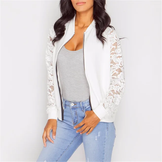 Fashion New Coats Lace Printed Bomber Jackets Women Long Sleeve Zipper Basic Hollow Out 2019 Spring Fashion New Coats Lace Printed Bomber Jackets Women Long Sleeve Zipper Basic Hollow Out 2019 Spring Perspective Short Coat