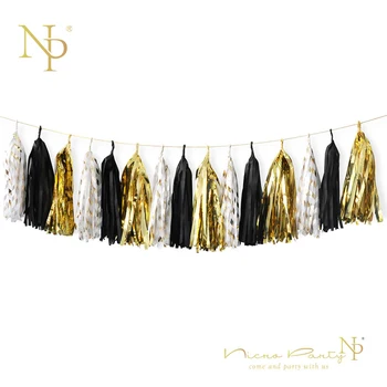 

Nicro New Year Christmas Graduation Decor 15pcs/lot Black Champagne Gold Tissue Tassel DIY Party Garland Decor Supplies #Tas01
