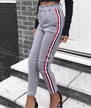 

2018 Spring Fashion Trousers for Women Side Striped Pants Trousers Casual High Elastic Waist Drawstring Slim Pencil Pants female