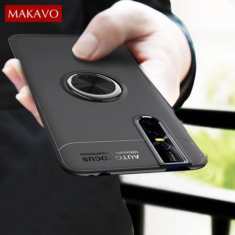 MAKAVO For VIVO V15 Case Finger Ring Holder Matte Soft Silicone Back Cover For vivo V15 Pro Phone Case