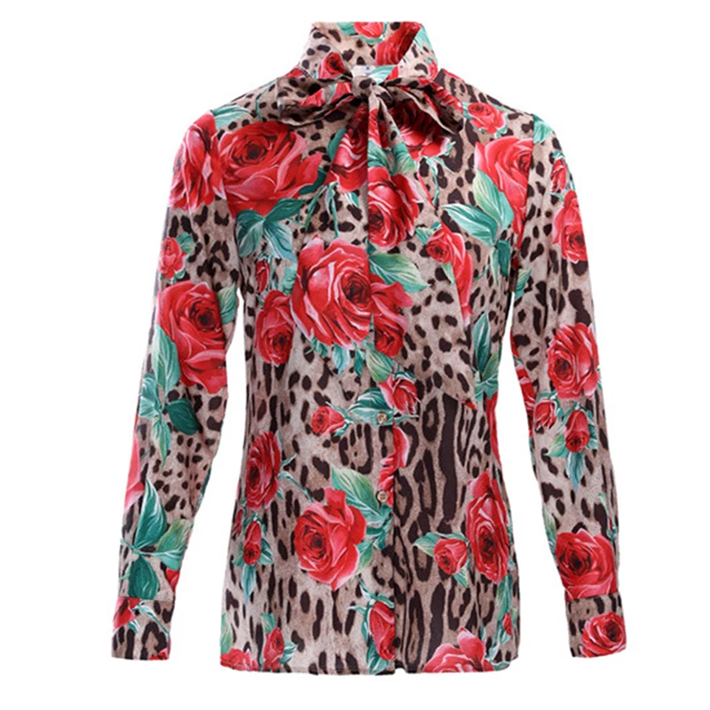 

Newest Summer Fashion 2019 Runway Designer Blouse Shirt Women's Long Sleeve Leopard Rose Print Shirt