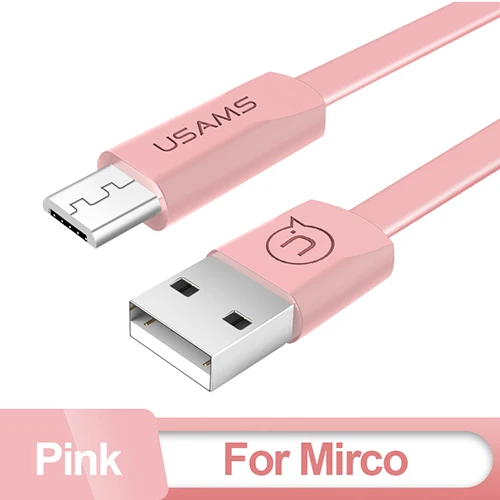Кабель Micro USB для зарядки и передачи данных для iPhone, USAMS type-C кабель для iPhone X 8 7 plus светильник USB 2A плоский кабель для мобильного телефона - Цвет: Pink  Micro USB