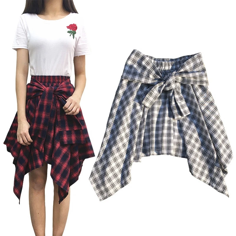 

Women Skirts Summer Ulzzang Girlfriends Elastic Waist Irregular Plaid Skirt Lace Up Bow Femme Wild High Waist Skirts MZ2478