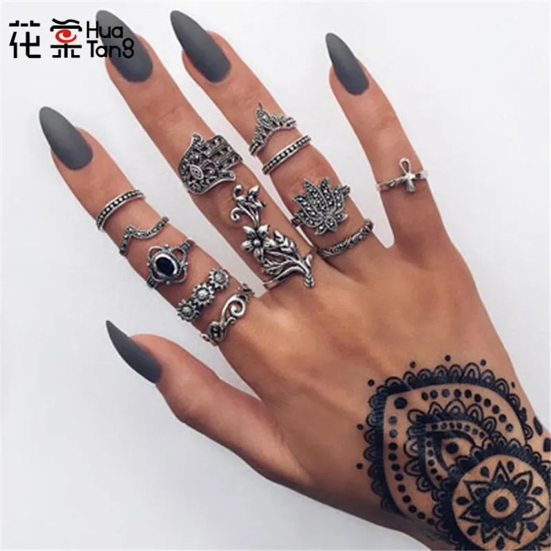 HuaTang Vintage Antique Silver Ring Geometric Hand Flower Carved Rhinestone Rings Knuckle Anillos Anel Rings Jewelry 6394