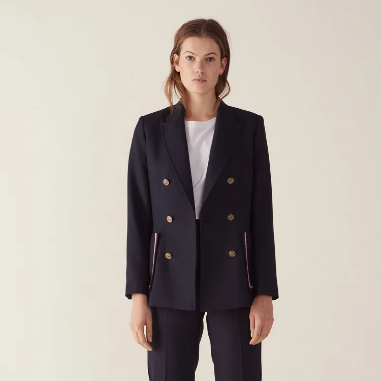 2019 Spring and Summer European and American New Navy Suit Double Breasted OL Commuter Leisure Suit Jacket Clothes Women Suit