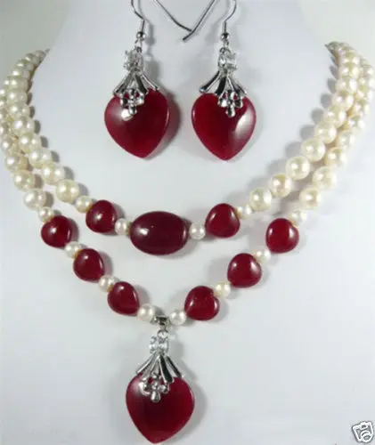 

Jewelry 001155 2 Rows White Pearl Red Jade Heart Pendant Necklace Earrings (A0423)