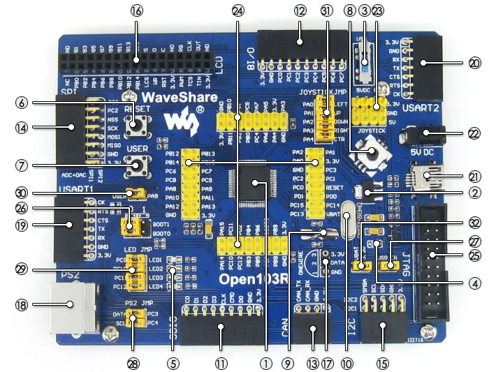 Waveshare STM32 плата STM32F103RCT6 STM32F103 ARM Cortex-M3 STM32 макетная плата+ 6 аксессуаров модуль комплект = Open103R посылка A