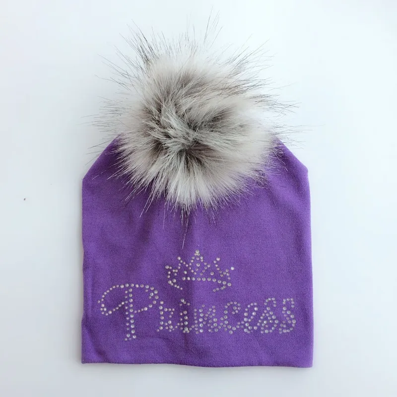 Детская хлопковая шапка с искусственным мехом енота с бриллиантом и цветочной вышивкой для маленьких принцесс, шапка с бриллиантом, шапочка для девочек и мальчиков - Цвет: purple p 6