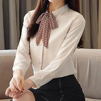 

Bow Tied Women's Shirt Blouses for Women V-Neck Long Sleeves Elegant Clothing Female Office Lady Chiffon Women Top And Blouse