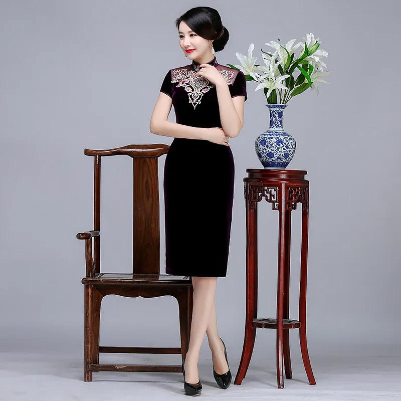 Элегантное тонкое женское платье Cheongsam в китайском стиле, бархатное вечернее платье с коротким рукавом, Vestidos размера плюс 4XL