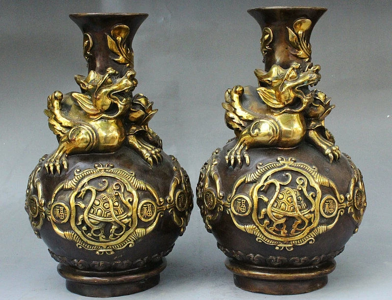 

12" Old China FengShui Bronze Gilt 4 Mythical Animals Unicorn Vase Bottle Pair