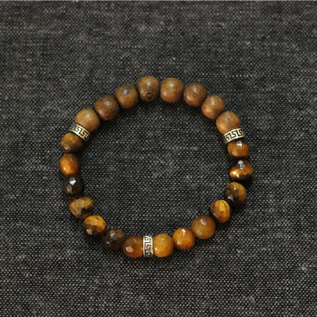 Tiger Eye Stone Wood Beads Mens Bracelet Men 925 Sterling Silver Tiger Eye Stone Wood Beads Mens Bracelet Men 925 Sterling Silver Stretch
