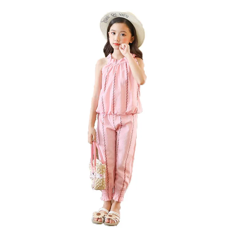 Комплекты одежды для девочек модная летняя детская рубашка без рукавов+ штаны, комплекты одежды для девочек 8, 10, 12, 14 лет, детские костюмы - Цвет: Pink