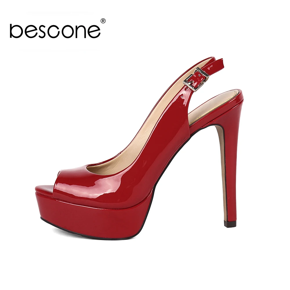 

BESCONE New Stylish Ladies Sandals Dress 12 cm Super High Heel Solid Buckle Shoes Outside Shallow Thin Heel Women Sandals BY30