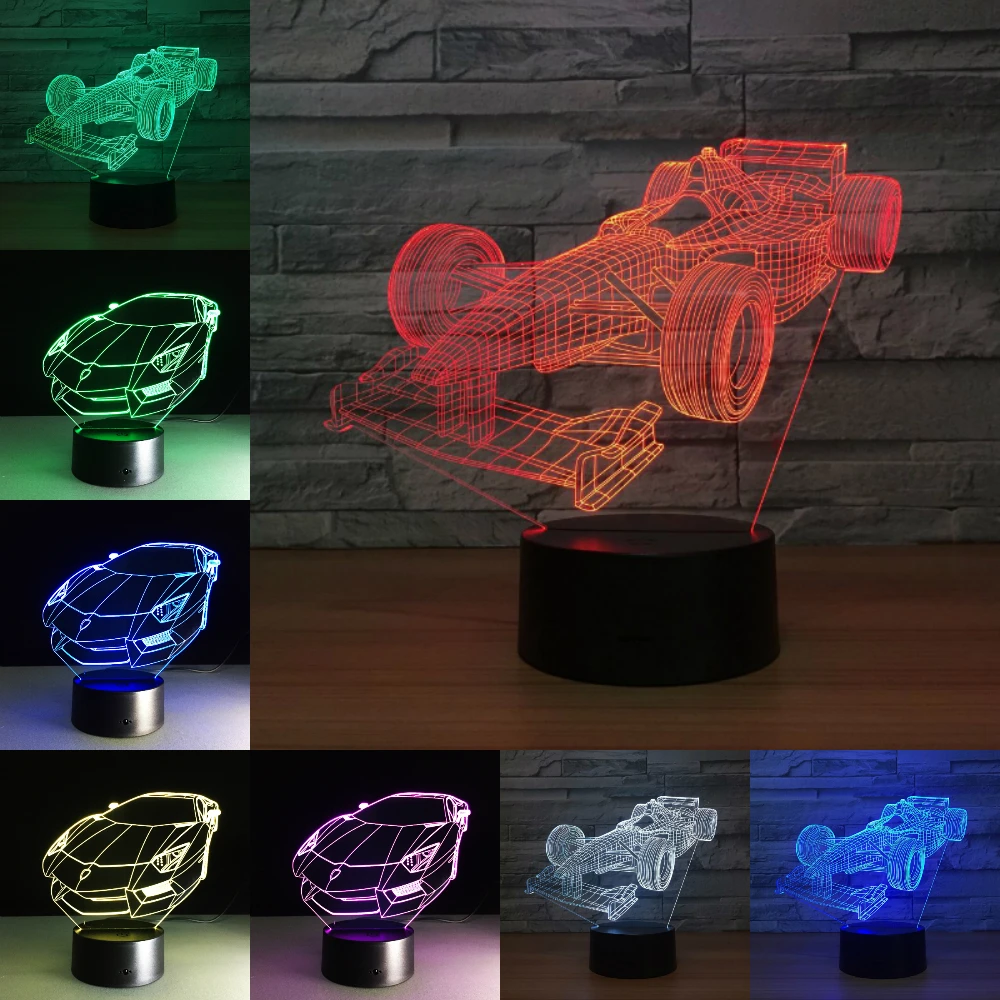 Разноцветный 3D автомобильный ночник, акриловая панель, светодиодный светильник в форме автомобиля, 7 цветов, сменный сенсорный или пульт дистанционного управления, Прямая поставка
