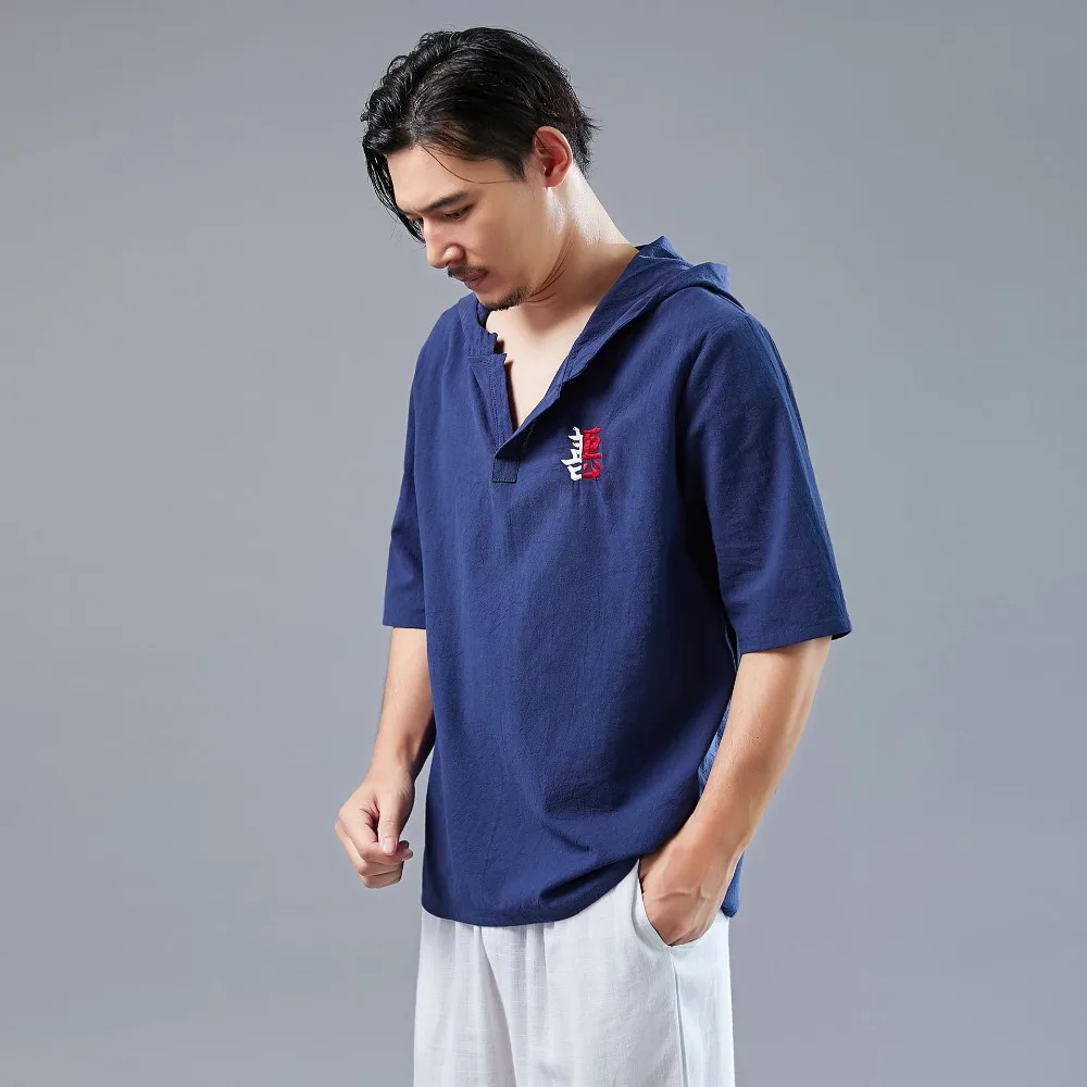 LZJN 2019 Men's Shirt Summer Style Hooded Short Sleeve Blouse Top Men New Casual Embroidery Cotton Linen Shirt Camisas De Hombre (21)