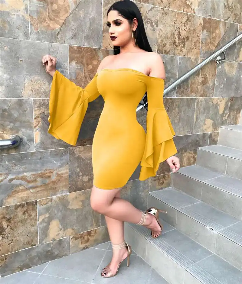 

Elegant Ruffle Flare Sleeve Women Mini Dress Sexy Off The Shoulder Bandage Female Bodycon Dresses Clubwear Vestidos De Festa