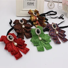 Элегантный галстук-бабочка из сплава с жемчугом и бусинами для мужчин и женщин для свадебной вечеринки, эластичный галстук-бабочка с кристаллами из горного хрусталя, форменный галстук-бабочка с лентой