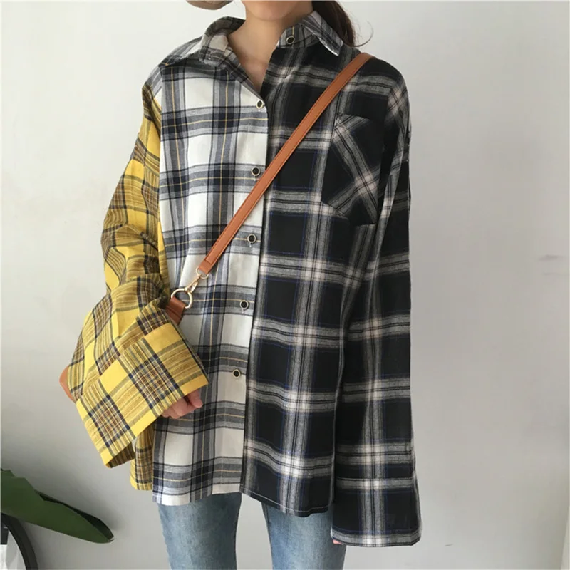  Fanco Plaid Shirt Women Blouse Korea Fashion Casual Spring Autumn Splice Shirts