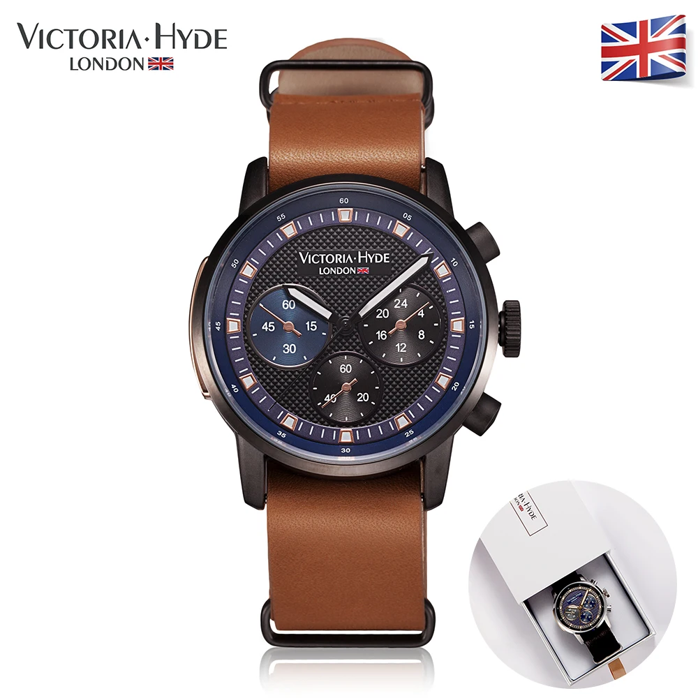 Victoria Hyde Genuine Leather Mens Sports Watches 3ATM Waterproof