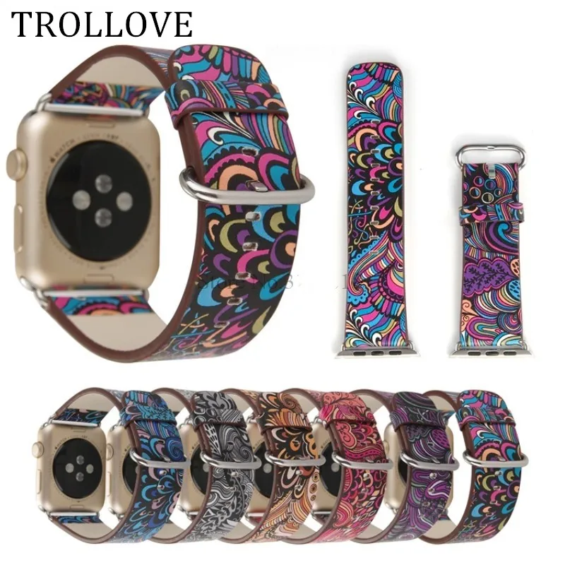 TROLLOVE кожаный ремешок для Apple Watch 38 мм/42 мм серии 1 2 3 цветочными принтами народная Стиль ремень наручные часы браслет Ремешки