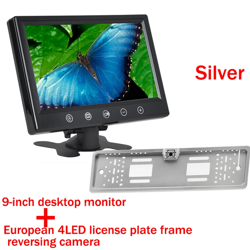 

9"TFT Car Monitor HD Desktop Wireless Transmitter Reversing Camera Silver/Black European License Plate Parking Monitor 16 LED