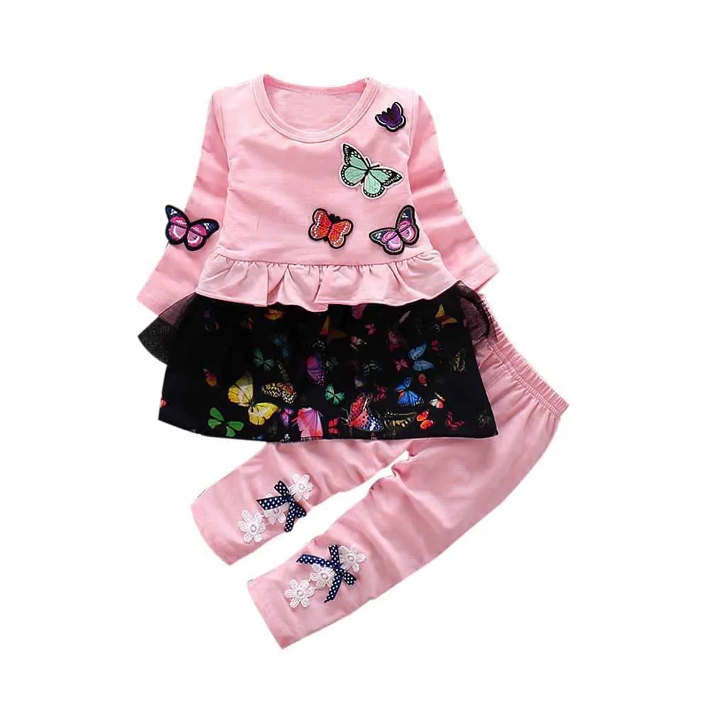 

2018 Fashion Toddler Kids Baby Girls Outfits Blouse Embroidery butterfly Lace Tops+Long Pants Bowknot 2Pcs Girls Clothing Set