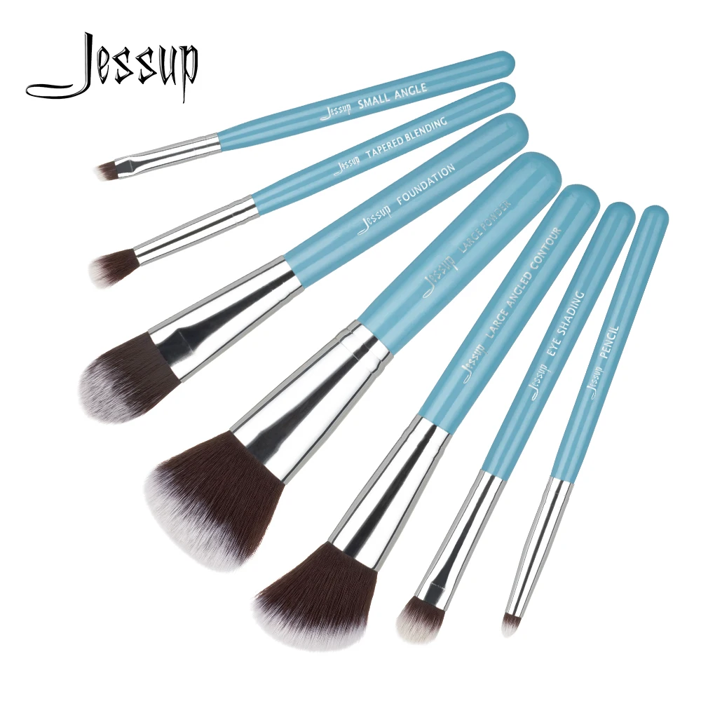 Jessup 7pcs Makeup Brushes Set Blue/Silver Wooden Handle Blending