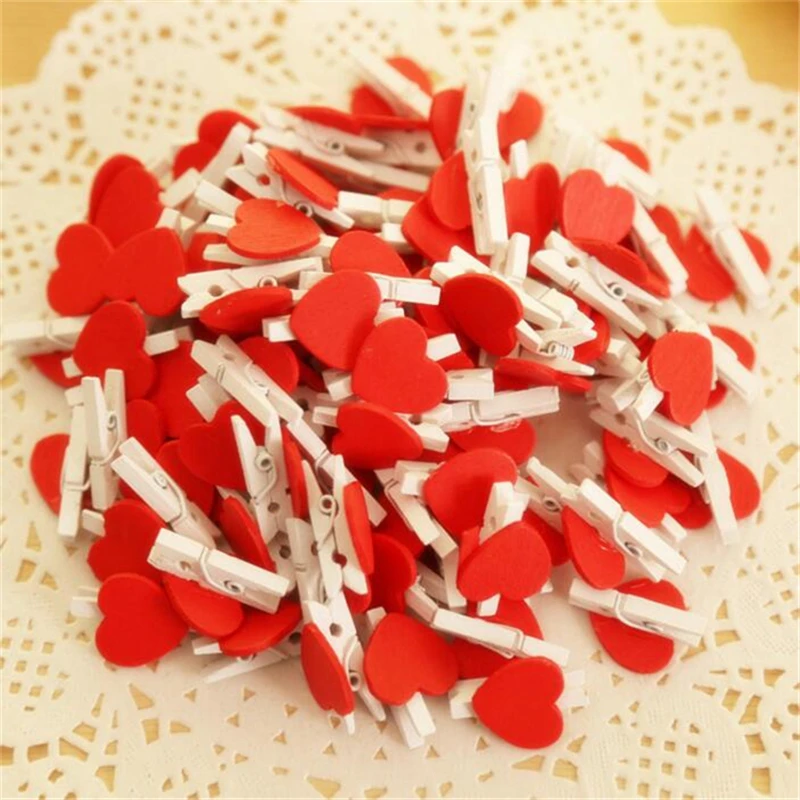 

20Pcs/Lot wedding Decoration Mini Red Heart Craft Postcard Clips Wooden Clothes Photo Paper Clips Clothespin