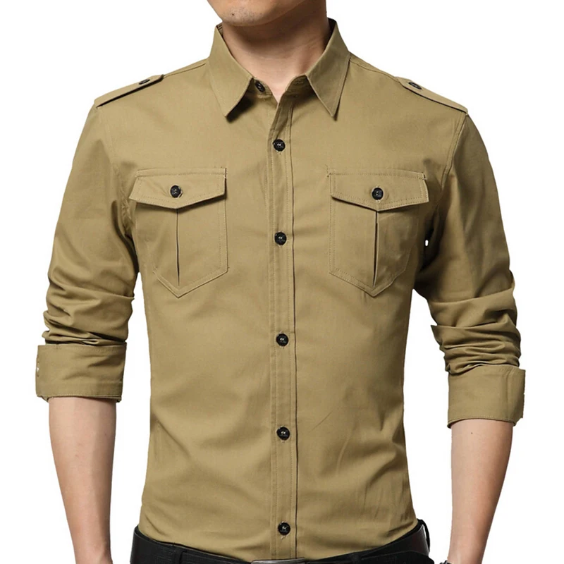 Fashion Mens Cotton Double Pocket Casual Military Dress Shirt Long Sleeve 