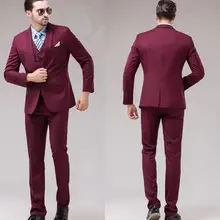 Slim Fit разрезом сзади, на одной пуговице, бордовый комплект со смокингом жениха лацкан с тупым углом; Женихи Для мужчин мужской мундир для свадьбы костюмы для выпускного, пиджак+ брюки+ жилет+ галстук-бабочка