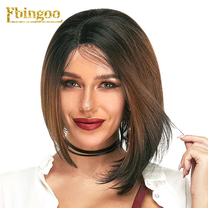 

Ebingoo Dark Rooted Ombre Brown Short Straight Bob Futura Fiber Full Hair Wigs Synthetic Lace Front Wig Side Part