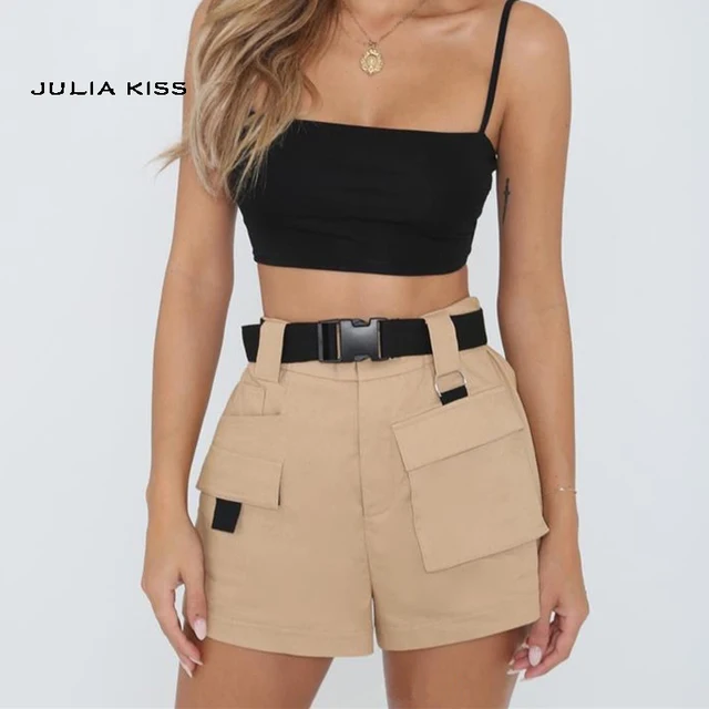 Women High Waist Pockets Shorts with Belt in Khaki & Black & Army green