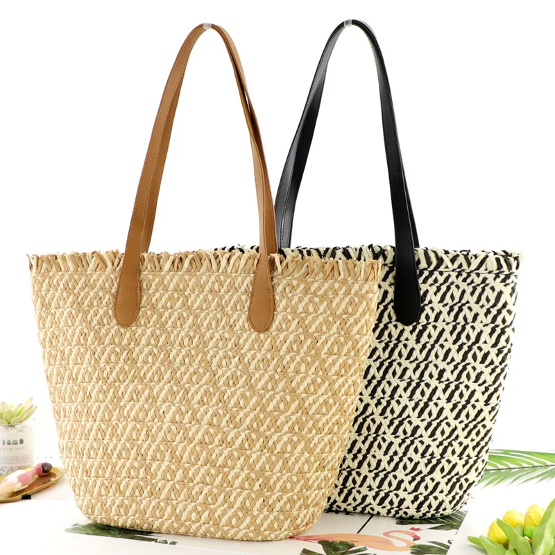 

New two-color paper rope straw bag fashion large-capacity woven bag Shoulder casual beach handbag