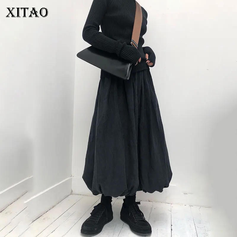 

[XITAO] Irregular Women Korea Fashion New 2019 Spring Summer Loose Skirt Female Pleated Solid Color Mid-calf Skirt LYH3307