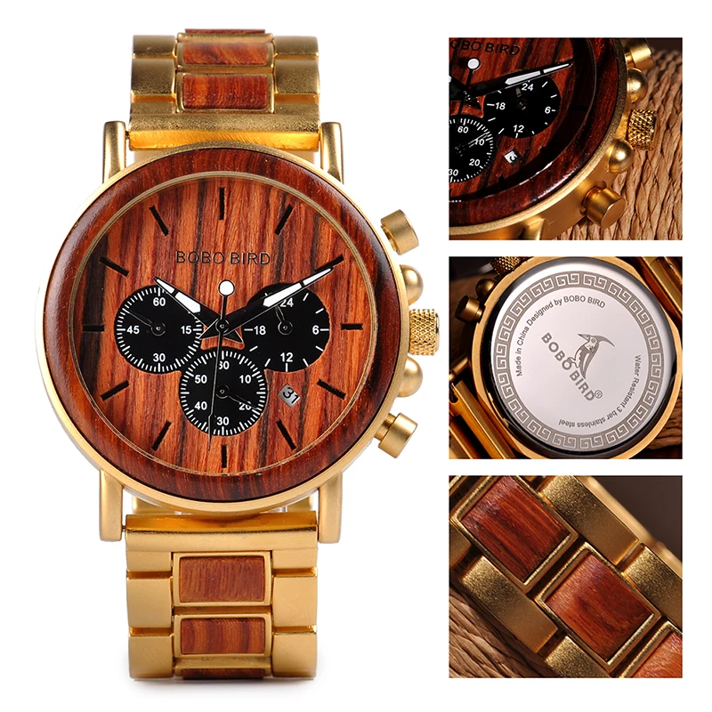relogio Wood Watches BOBO BIRD Men Watch Date Display Luxury Golden Stylish Wooden and Metal Quartz Wristwatch Wood gift box