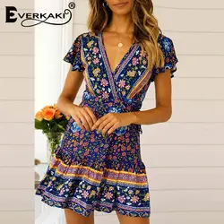 Everkaki Boho Gypsy принт этническое мини-платье женское с поясом v-образный вырез с коротким рукавом богемное Платье женское 2019 Весна Лето Новое