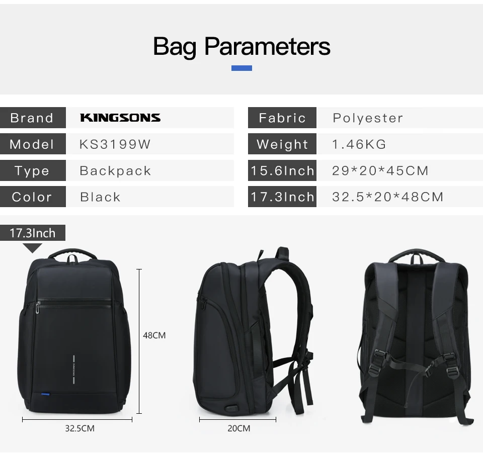 KINGSONS New Men Women 15 17 inch Laptop Fashion Backpack Multi-layer Space Anti-thief Business Leisure Travel Backpack