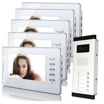 

Brand New Apartment Intercom System 5 White Monitor Wired 7" Color Video Door Phone intercom System for 5 house FREE SHIPPING