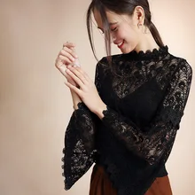 Лето Весна Женская модная свободная гофрированная воротник с длинными расклешенными рукавами открытая Сексуальная кружевная футболка Топы женская элегантная рубашка