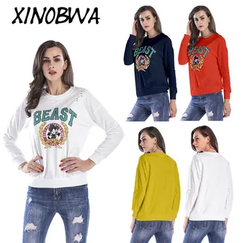 

Europe New 2018 Spring Autumn Woman Fashion Loose O Neck Long Sleeve Letter Best Printing Hoodies Female Geometric Pullover Coat