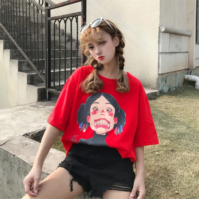 

New arrivel Japanese Ulzzang Harajuku loose girl picture print short-sleeved T-shirt