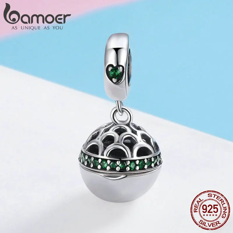BAMOER 100% 925 Sterling Silver Love Gift Box Dangle Ball Charm Green CZ Charms Fit Bracelets & Necklaces DIY Jewelry SCC689-LB