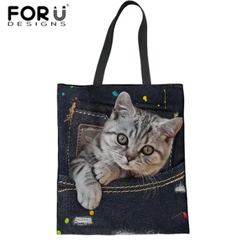 

FORUDESIGNS Women Shoulder Bag Cute Cat Dog Print Canvas Clutch Bag for Shopping Fashion Shopping Large Tote Bolsa Beach Bag